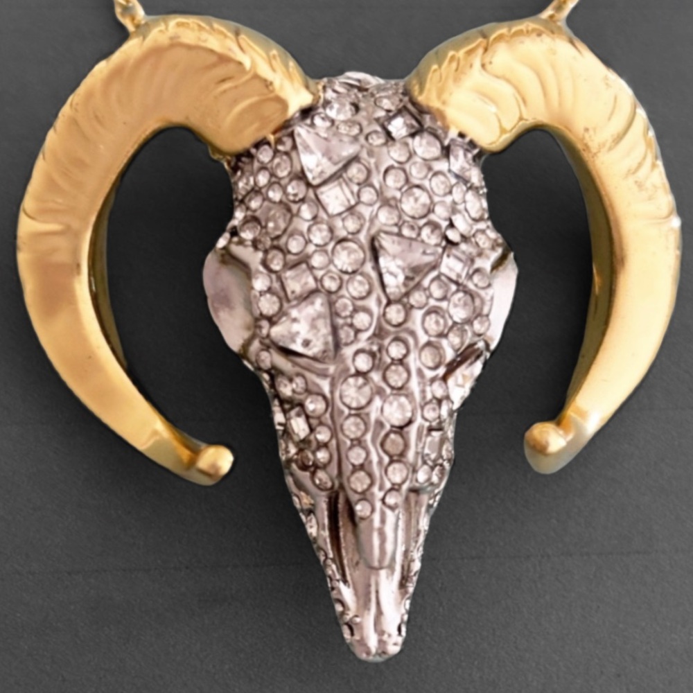 ALEXIS BITTAR Silver Gold Western Crystal Ram Head Skull Horn Necklace